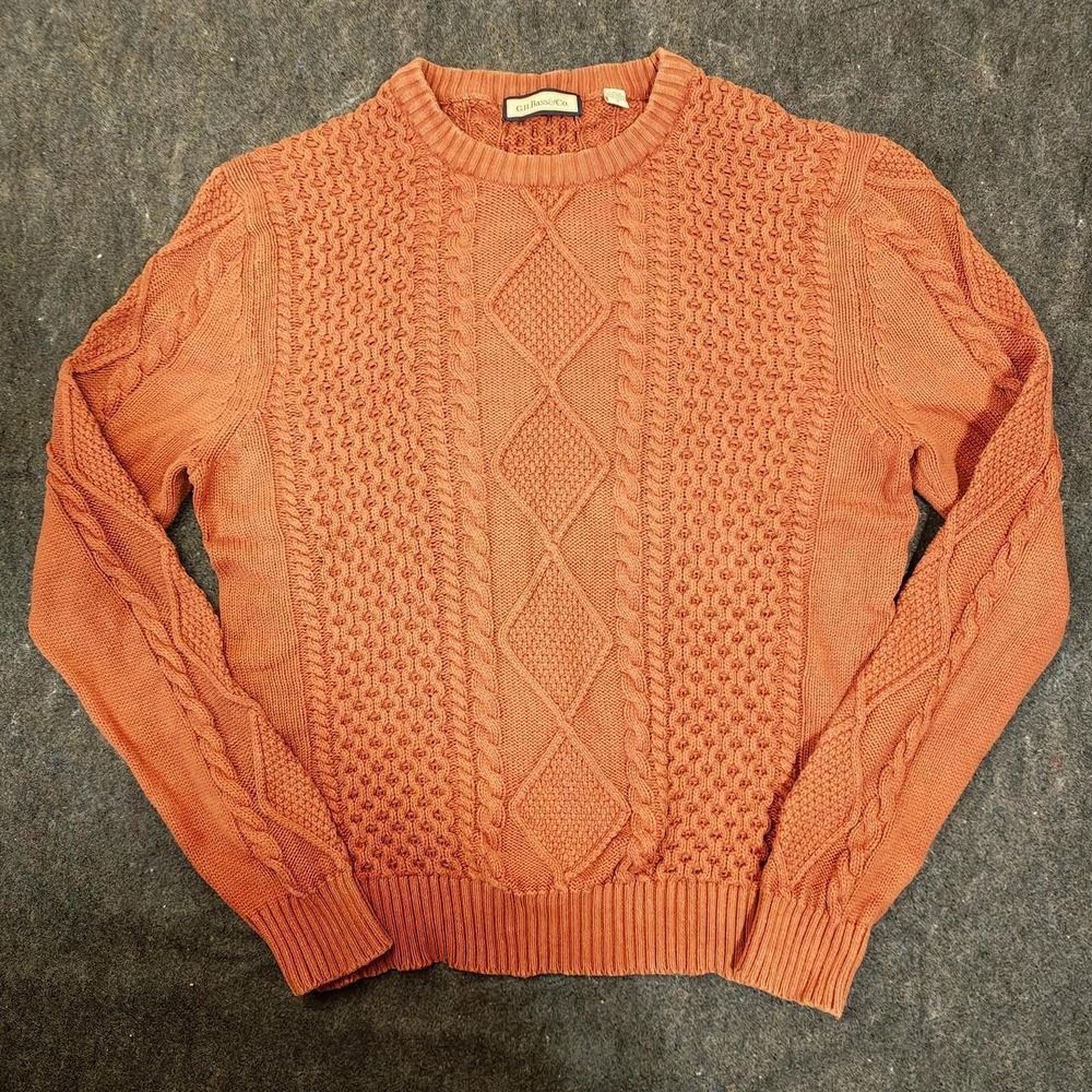 G.H. Bass Men's 100% Cotton Mixed Cable Knit Crewneck Sweater Medium Rust Orange